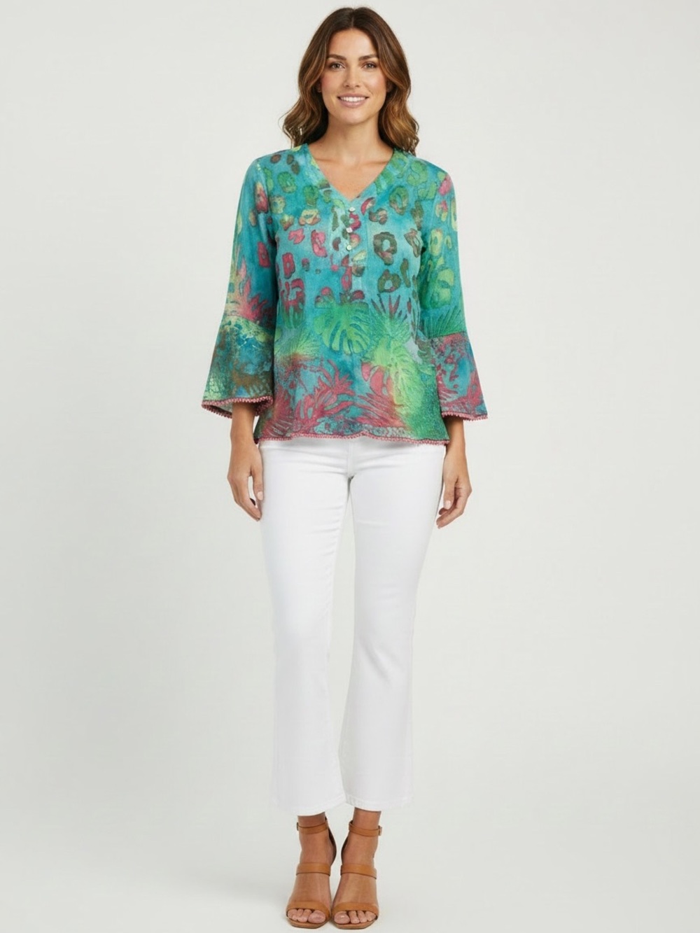 Adore Teal Multicolor V-Neck Bell Sleeve Tunic Mermaidcore Coquette Girl